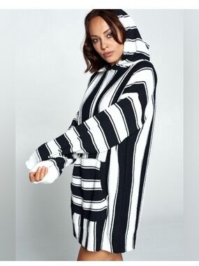 WinWin Black & White Striped Hooded Sweater Dress or Tunic